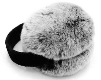 Real Rex Rabbit Fur Earmuffs with Velvet Band - Women's Fall/Winter Fashion - Soft & Trendy Ear Warmers - Chic Style - Black Frost