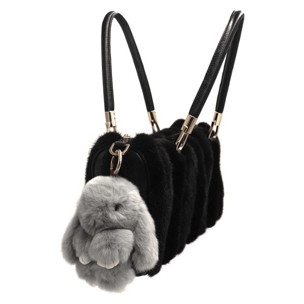 Rex Rabbit Fur Bunny Keychain - Kids Plush Backpack Charm - Stuffed Animal for Purse - Cute Car Keys Accessory - Real Fur - Grey