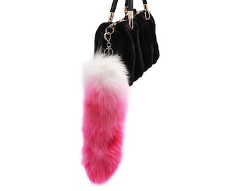 Real Fox Fur Tail Keychain with Heart Clasp - Furry Long Fox Tail Accessory - Cute Fantasy Cosplay Animal Costume - Pink Ombre