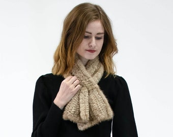 Short Danish Mink Fur Scarf - Plush Luxury Knitted Winter Neckwear - Knit Mink Neck Wrap - Fashion Accessory - Fluffy Knitted Scarf - Beige