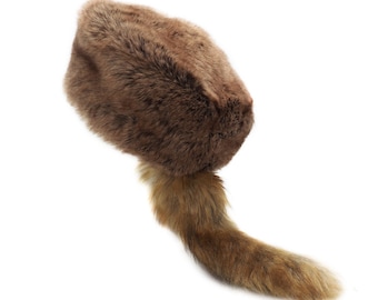 Faux Fur Davy Crockett Hat - Brown Coonskin Cap - Fake Fur Hat with Tail - Rustic Cabin Home Decor - Men's Woodsman Hats - Natural Brown