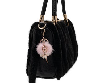 Bling Ballerina Keychain with Real Mink Fur Pom - Sparkly Dancer Charm with Fluffy Pompom - Ballet Luxury Purse Charm - Pink
