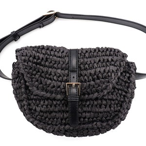 Straw Fanny Pack - Lightweight Summer Belt Bag - Stylish Small Purse - Natural Color Paper Straw with Pleather Fashion Belt - Black