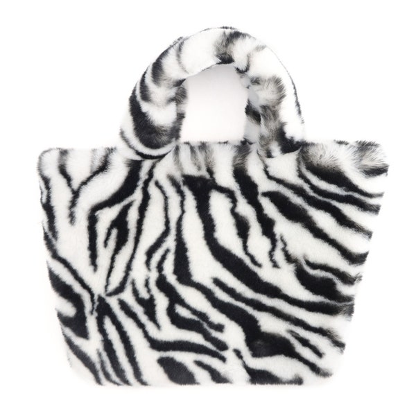 Faux Rex Rabbit Fur Zebra Print Handbag - Cute Fluffy Fashion Purse - Luxurious Real Fur Bag - Y2K Style Shoulder Tote- Black & White