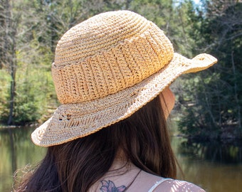 Raffia Straw Hat  - Cute Summer Sunhat - Beachy Protective Sun Hat - Simple Floppy Brimmed Beach Hat - Natural