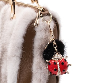 Real Mink Fur Bling Ladybug Keychain - Cute Keychains for Women - Insect Bug Key Chain - Lucky Charm - Black