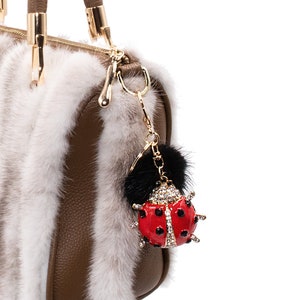 Real Mink Fur Bling Ladybug Keychain - Cute Keychains for Women - Insect Bug Key Chain - Lucky Charm - Black
