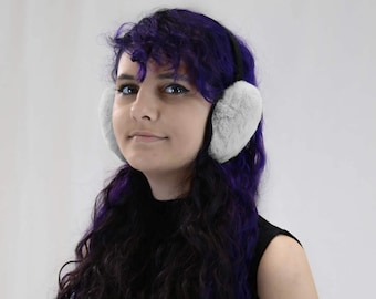 Faux Rex Rabbit Fur Earmuffs w/ Velvet Band - Women's Fall/Winter Fashion - Soft & Trendy Colorful Ear Warmers - Chic Vegan Style - Gray