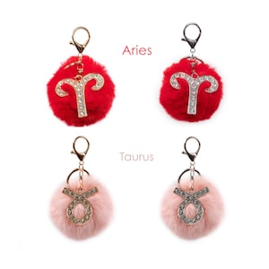 Zodiac Keychain with Faux Fur Pom - Aries, Taurus, Gemini, Cancer, Leo, Virgo, Libra, Scorpio, Sagittarius, Capricorn, Aquarius, Pisces