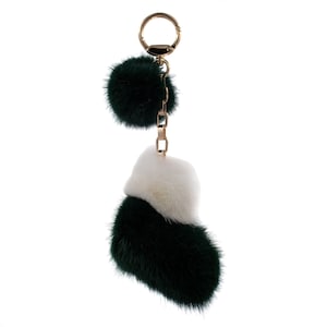 Fluffy Mink Christmas Stocking Keychain - Genuine Mink Fur Keychain - Luxury Fashion Charms for Bags, Purses, Keys - Green & White