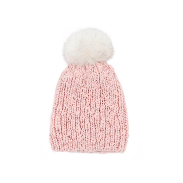 Children's Knit Bling Beanie with Faux Fur Pom - Sparkly Kids Hat - Knitted Winter Hat for Girls - Fur Pompoms and Fleece Lining- Pink