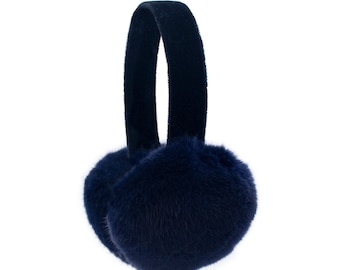 Foldable Mink Fur Earmuffs with Black Velvet Band - Fashionable Winter Accessories for Women - Comfortable Winter Headband - Navy Blue