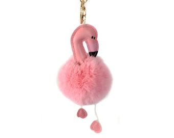 Rex Rabbit Fur Flamingo Keychain - Luxury Bag Purse Charm - Tropical Accessory - Fluffy Pompom Key Chain  - Cute Fashion Gift - Pink