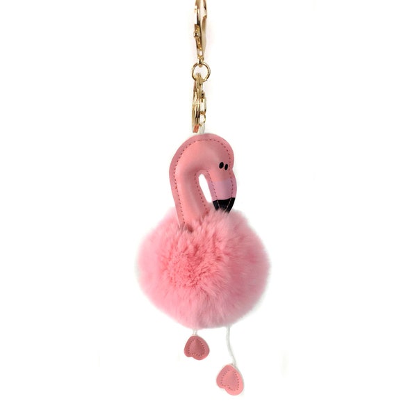 Rex Rabbit Fur Flamingo Keychain - Luxury Bag Purse Charm - Tropical Accessory - Fluffy Pompom Key Chain  - Cute Fashion Gift - Pink