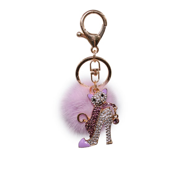 Mink Fur Pom Cat in Heel Keychain - Bling Colorful Cat Charm - Luxury Bag Charm - Cute High Heel Accessories - Backpack and Key Charm- Lilac