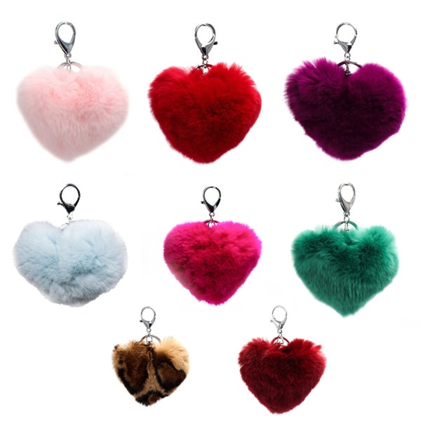 Plush Rex Rabbit Fur Heart Keychain - Cute Key Chain for Purse Bag or Keys - Fashionable Fur Charm - Real Fur Accessory