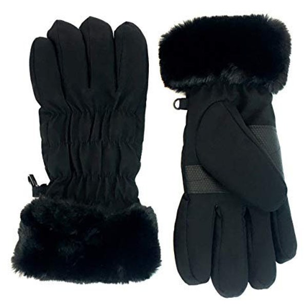 Nylon Glove with Faux Fur Trim - Winter Mittens - Luxury Cold Weather Clothing - Warm Winter Gloves - Waterproof Snow Gloves - Black