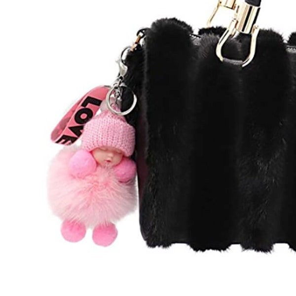 Genuine Fox Fur Baby Keychain - Pom-Pom Bag Purse Charm - Sleeping Baby Doll Love Keyring - Ring Fluffy Fur Ball - Colorful Fashion - Pink