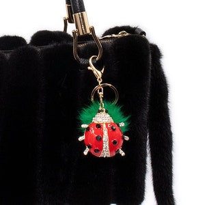 Ladybug Bling Keychain Real Mink Fur - Cute Bug Key chains for Women - Insect Bling Key Chain - Lucky Charm - Green