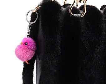 Cute Chick - Duck - Bird - Keychain - Genuine Mink Fur - Luxury Fashion Bag Charms - Hot Pink - Spring - Easter - Kids