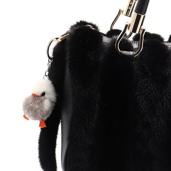 Real Mink Fur Chick Keychain - Real Fur Chicken Bird Charm for Spring Easter - Duck Key Chain - Luxury Fashion Bag Charms - Gray and White