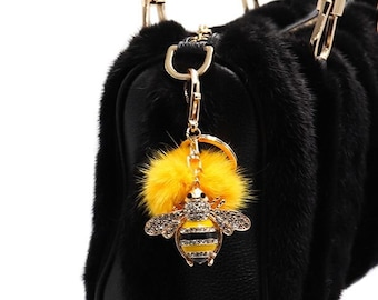 Bumblebee Keychain Mink Fur Pom - Bling Colorful Bee Charm - Luxury Bag Charm - Cute Car Accessories - Plush Backpack Plush Keychain-Yellow