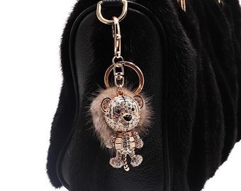 Genuine Mink Fur Tiger Keychain - Movable Pom Bag Purse Charm - Colorful Sparkly Zoo Animal Charm - Bedazzled Fluffy Fur Ball - Gray Pom