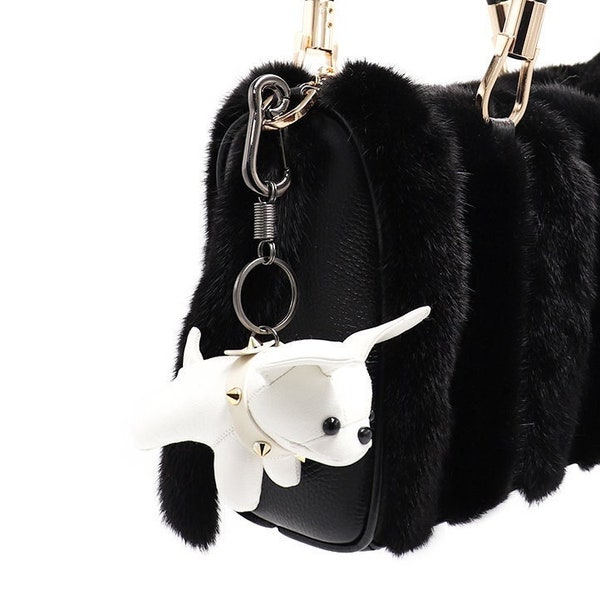 Puppy Dog Pleather Keychain with Gold Spiked Collar - Luxury Purse Keys Charm - Vegan Leather Bulldog Animal Toy - White