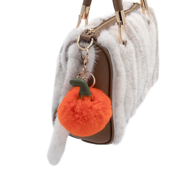 Plush Real Rex Rabbit Pumpkin Keychain - Fluffy Fur Ball Pom Pom - Luxury Fashion Gift Bag Charm - Fall Pumpkin Spice Charm