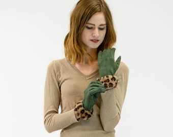 Faux Suede Gloves w Spotted Faux Rex Rabbit Fur Cuff - Fluffy Fake Fur - Leopard Cheetah Animal Print - Fall Winter Accessory - Olive Green