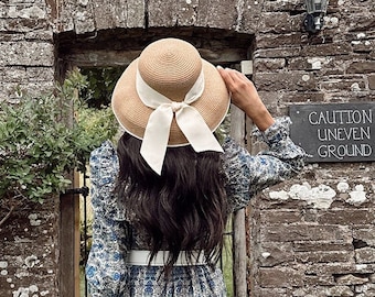 Straw Hepburn Hat with Ribbon - Cute Summer Beach Hat - Fashionable Beach Accessory- Beige/Cream