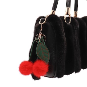 Real Mink Fur Cherry Keychain - Luxury Bag Charms - Cute Fruit Fashion Gift - Plush Cherries Car Accessories - Kawaii Fuzzy Key Ring - Red