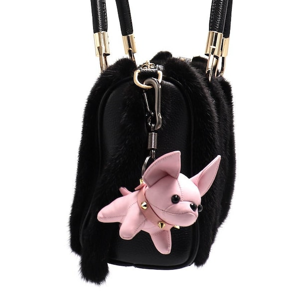 Puppy Dog Pleather Keychain with Gold Spiked Collar - Luxury Purse Keys Charm - Vegan Leather Bulldog Animal Toy - Pink