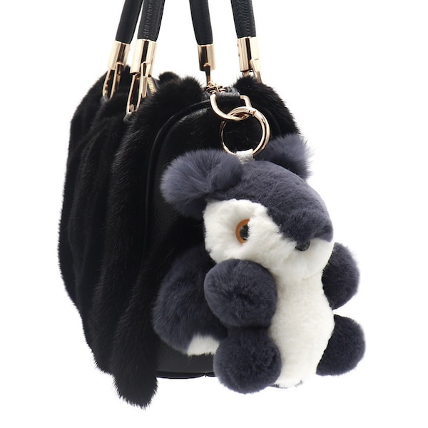 Plush Rex Rabbit Squirrel Character Fluffy Fur Ball Fashion Keychain with Tail - Colorful Luxury Accessory - Cute Kids Backpack Charm - Navy