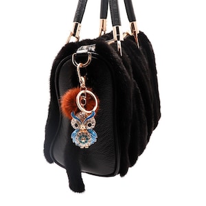 Sparkly Owl Keychain with Real Mink Fur Pom - Luxury Fashion Bag Charm - Cute Pompom Bird Purse Charm - Brown