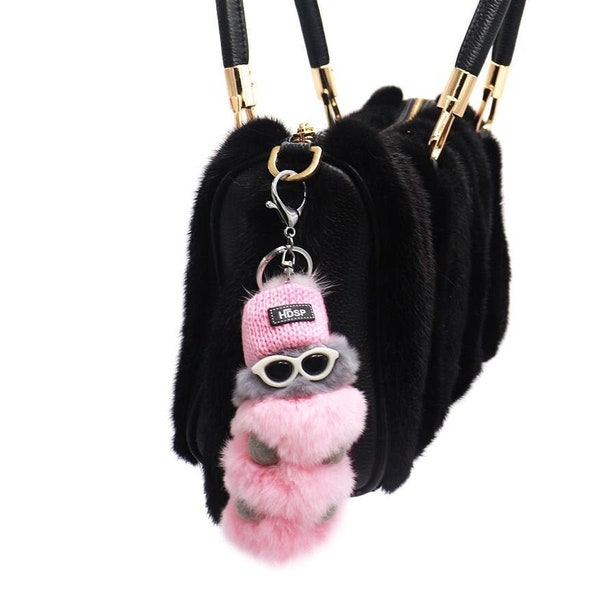 Funky Rex Rabbit Fur Cool Caterpillar Keychain in Sunglasses & Hat - Beach Ready - Fun Summer Charms - Luxury Fashion Accessory- Pink/Gray