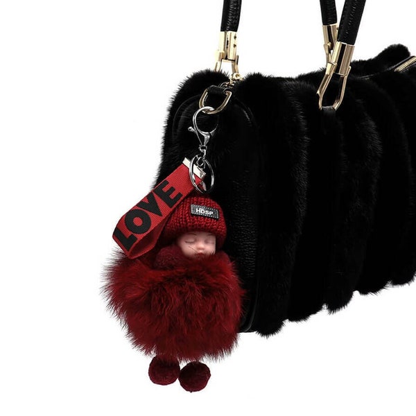 Genuine Fox Fur Baby Keychain - Pom-Pom Bag Purse Charm - Sleeping Baby Doll Love Keyring - Ring Fluffy Fur Ball - Fashion Gift - Wine