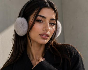 Faux Rex Rabbit Fur Earmuffs with Adjustable Pleather Band - Fluffy Women's Earmuffs - Soft & Trendy Ear Warmers for Girls -White Gray Black