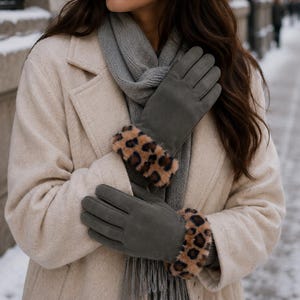 Faux Suede Gloves w Spotted Faux Rex Rabbit Fur Cuff - Fluffy Fake Fur - Leopard Cheetah Animal Print - Fall Winter Accessory - Olive Green