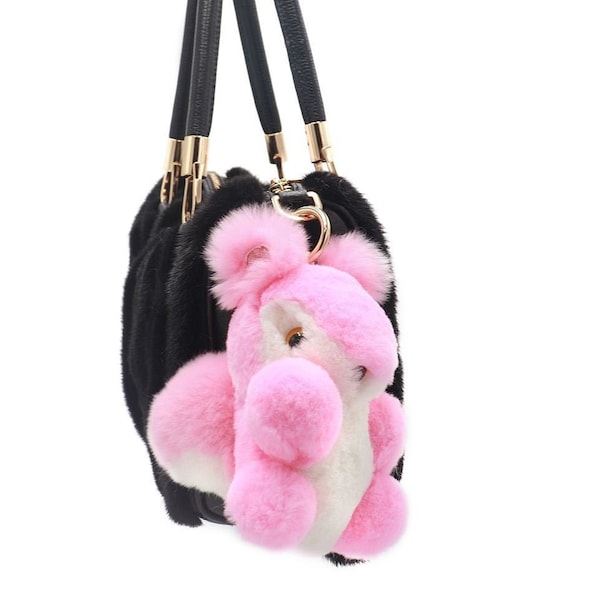 Plush Rex Rabbit Squirrel Character Fluffy Fur Ball Fashion Keychain with Tail - Colorful Luxury Accessory - Cute Kids Backpack Charm- Pink