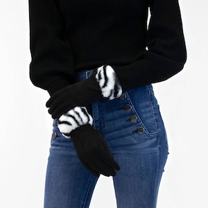 Faux Suede Gloves with Faux Rex Rabbit Fur Zebra Cuff - Gloves with Fake Fluffy Fur Cuff - Fall & Winter Accessory - Animal Print Mittens