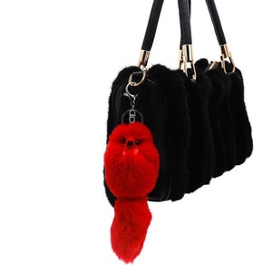 Genuine Rex Rabbit Fur Creature Keychain - Red Fox Tail Keychain w Bowtie - Luxury Fashion Charms for Backpacks, Handbags, Wallets, Car Keys