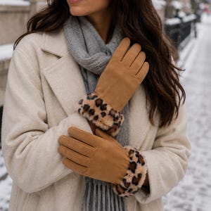 Faux Suede Gloves w Spotted Faux Rex Rabbit Fur Cuff - Warm Fake Fur - Leopard Cheetah Animal Print - Fall Winter Accessory - Mustard Yellow