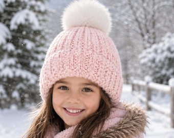 Gorro de punto infantil con pompón de piel sintética - Gorro brillante para niñas - Gorro de invierno de punto para niñas - Pompones de piel y forro polar - Rosa