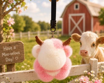 Mink Fur Cow Keychain - Cute Cow Gifts - Soft Plush Cow Charm Keys - Small Strawberry Cow Stuffed Animal - Sensory Calming Keyring - Pink