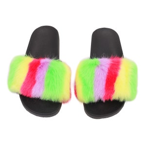 Women&#39;s Faux Rex Fur Slides - Colorful Faux Fur Slipper - Everyday House Slippers - Comfort Shoes - Fashion Stylish - Neon Rainbow Muti