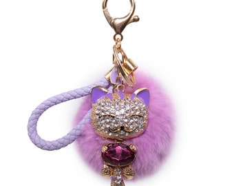 Cute Cat Furry Bling Keychain - Genuine Rex Fur Keychain - Luxury Fashion Charms for Bags, Purses, Keys - Lilac - Diva Style