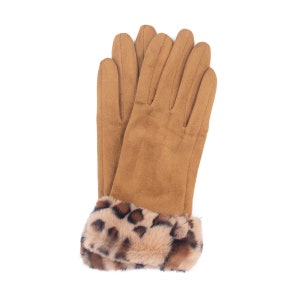 Faux Suede Gloves w Spotted Faux Rex Rabbit Fur Cuff - Warm Fake Fur - Leopard Cheetah Animal Print - Fall Winter Accessory - Mustard Yellow