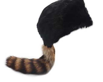 Davy Crockett Hat Coonskin Cap Real Rabbit Fur and Raccoon Tail  Woodsman Wild Frontier Cabin Home Decor Black