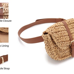 May include: A woven straw fanny pack with a brown leather strap and buckle closure. The bag features an adjustable strap and acrylic lining. The bag is tan and brown.